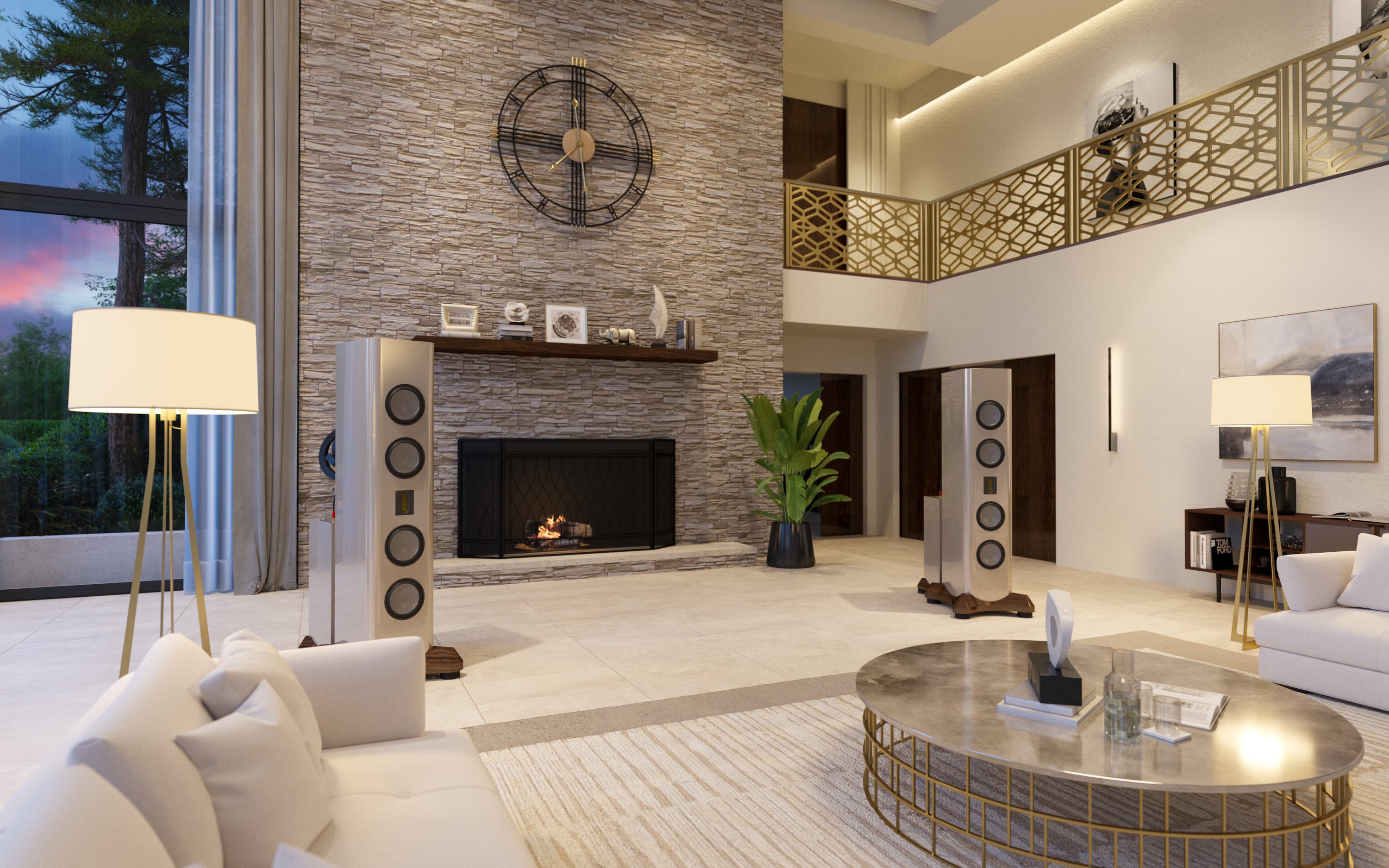AV 170 loudspeaker in warm-lit living room at dusk